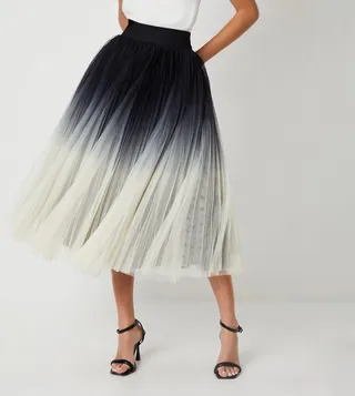 Ombre Mesh Pleated Midi Skirt