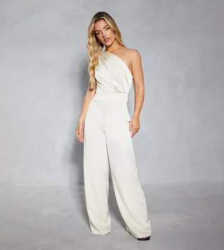 Satin Asymmetric Draped Neckline Wide Leg Jumpsuit