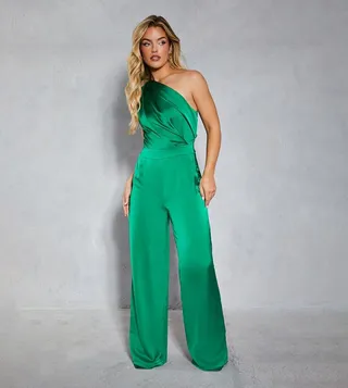 Satin Asymmetric Draped Neckline Wide Leg Jumpsuit