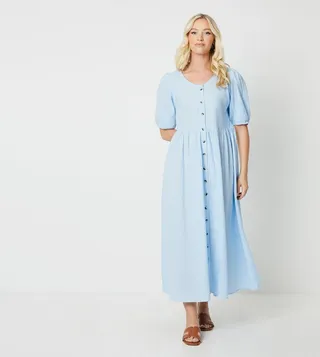 Puff Sleeves Button Front Midaxi Dress