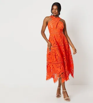 Lace Cross Front Halter Neck Midi Dress