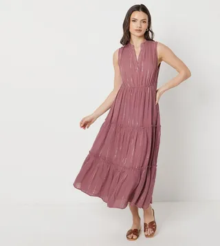 Metallic Crinkle Tiered Midi Dress