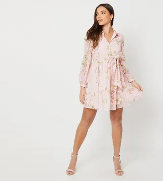 Petite Floral Print Collared Mini Smock Dress