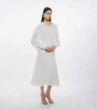 Petite Jersey and Georgette Mix Pleated Midi Shirt Dress