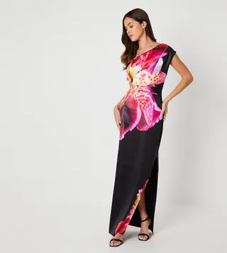 Asymmetric Placement Print Satin Dress