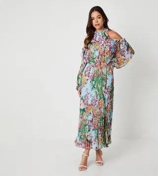 Placement Print Cold Shoulder Pleated Maxi Dress