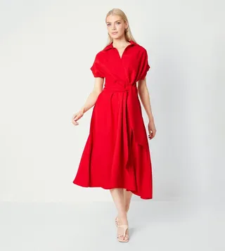 Solid Front Tie Shirt Midi Dress