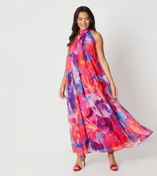 Printed Tie Back Chiffon Maxi Dress