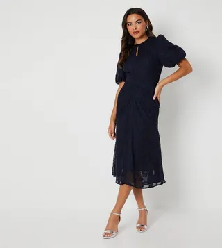 Key Hole Detail Puff Sleeves Midi Dress