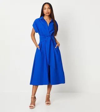 Solid Front Tie Shirt Midi Dress