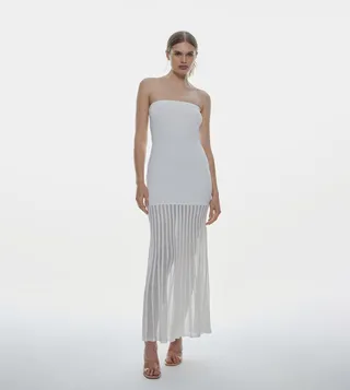 Sheer Knit Bandeau Pleated Skirt Midaxi Dress