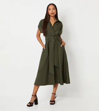 Solid Front Tie Shirt Midi Dress