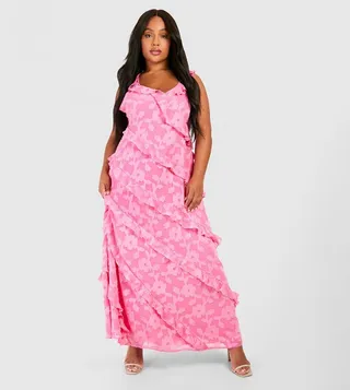 Printed Jacquard Ruffle Strappy Maxi Dress