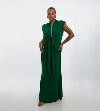 Plus Plunge Ruched Twist Jersey Maxi Dress