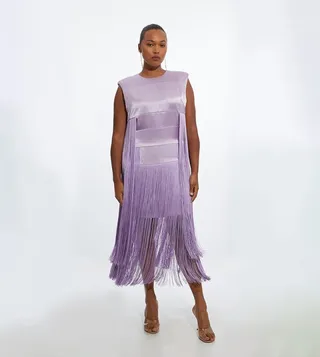 Ooto Heavy Satin Fringed Sleeveless Midi Dress