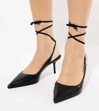 Textured Tie-Around Pointed-Toe Pumps