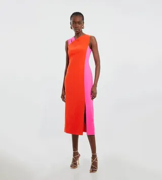 Soft Tailored Color Block Split Strap Midi Dress