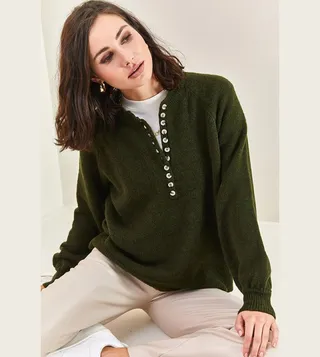 Knitted Button Detail Long Sleeves Sweater