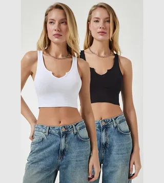 2 Pack Solid Split Neck Crop Tops