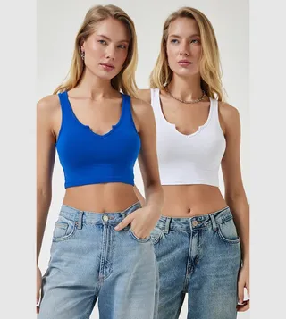 2 Pack Solid Split Neck Crop Tops