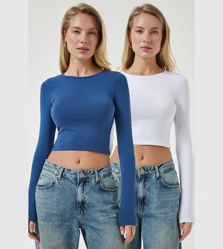 Pack of 2 Solid Long Sleeves Crop Tops
