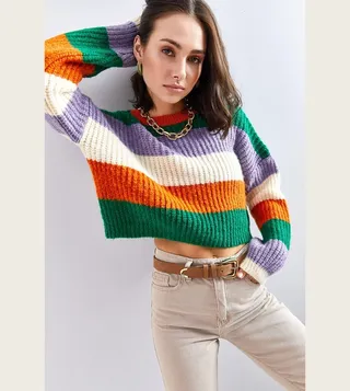 Color Block Long Sleeves Crop Sweater