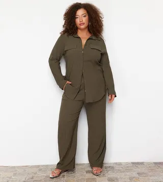 Curve Ribbed Shirt and Bottom Set