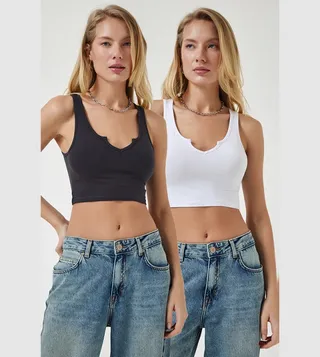 2 Pack Solid Split Neck Crop Tops