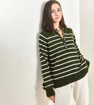 Striped Button Detail Long Sleeves Sweater