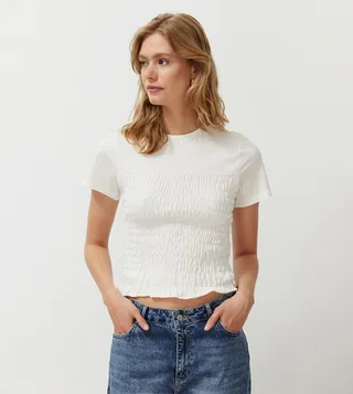 Smocked Crew Neck Crop Top