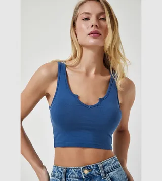 Solid Split Neck Crop Top
