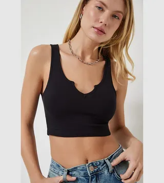 Solid Split Neck Crop Top