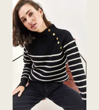 Striped Button Detail Long Sleeves Sweater