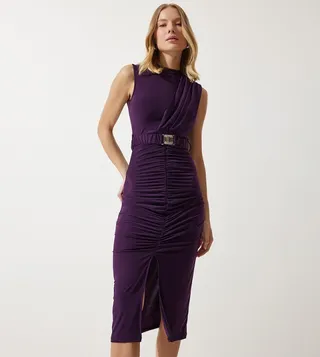 Belted Ruched Knitted Dress