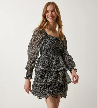 Patterned Off Shoulder Layered Mini Dress