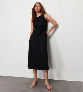 Solid Pocket Detail Dress with Belt