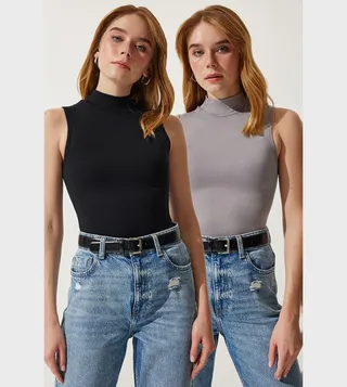 Pack of 2 Solid Mock Neck Sleeveless Tops