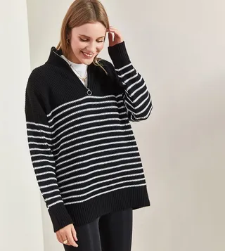 Striped Half Zip Long Sleeves Sweater
