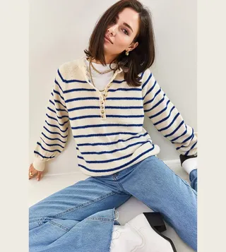 Striped Button Detail Long Sleeves Sweater