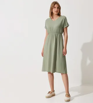Solid V-Neck Fit and Flare Dress