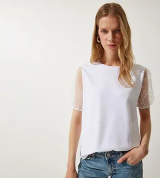 Embroidered Sleeves Crew Neck Top