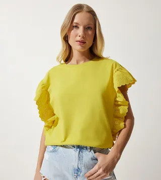 Broderie Detail Crew Neck Top