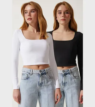 Pack of 2 Solid Long Sleeves Crop Tops