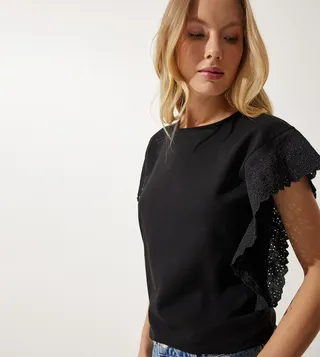 Broderie Detail Crew Neck Top