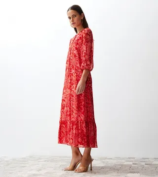 Patterned Ruffle Hem Midi Dress