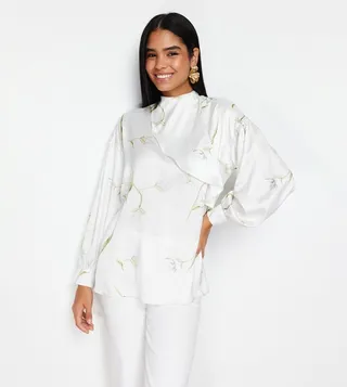 Floral Print Satin Woven Wrap Tunic