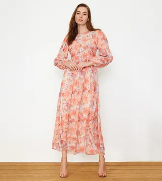 Floral Patterned Long Sleeves Flared Dress
