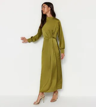 Solid Mock Neck Satin Maxi Dress