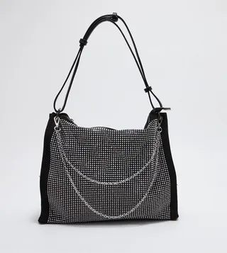 Stone Studded Zipper Closure Shoulder Bag