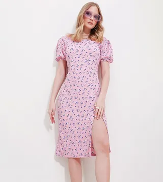 Printed Short Sleeves Slit Dress